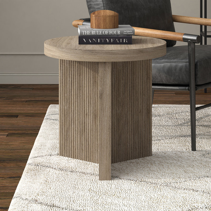 Brielle Pedestal End Table, Beige, Beige Wood