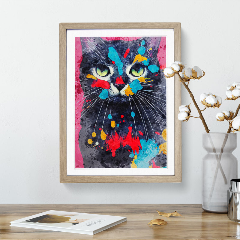 Catt Paint Splash No.2 - Print, Oak Framed, White, 66cm H x 48cm W x 2cm D