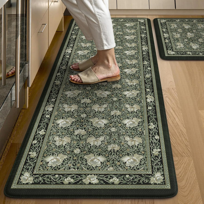 Sets of 2 Comfort Boho Vintage Floral Sink Rug, Black, 119cm L x 50.8cm W