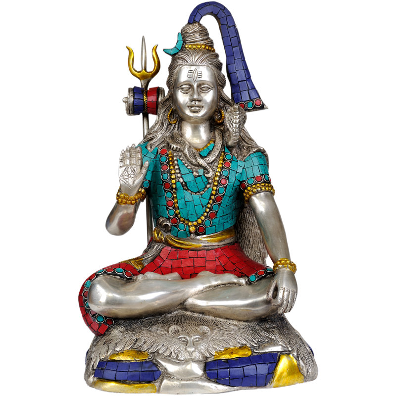 Handmade 13" Lord Shiva Brass Statue with Inlay Work – Meditating Hindu Deity, Indian Spiritual Décor for Home Altar & Meditation Space
