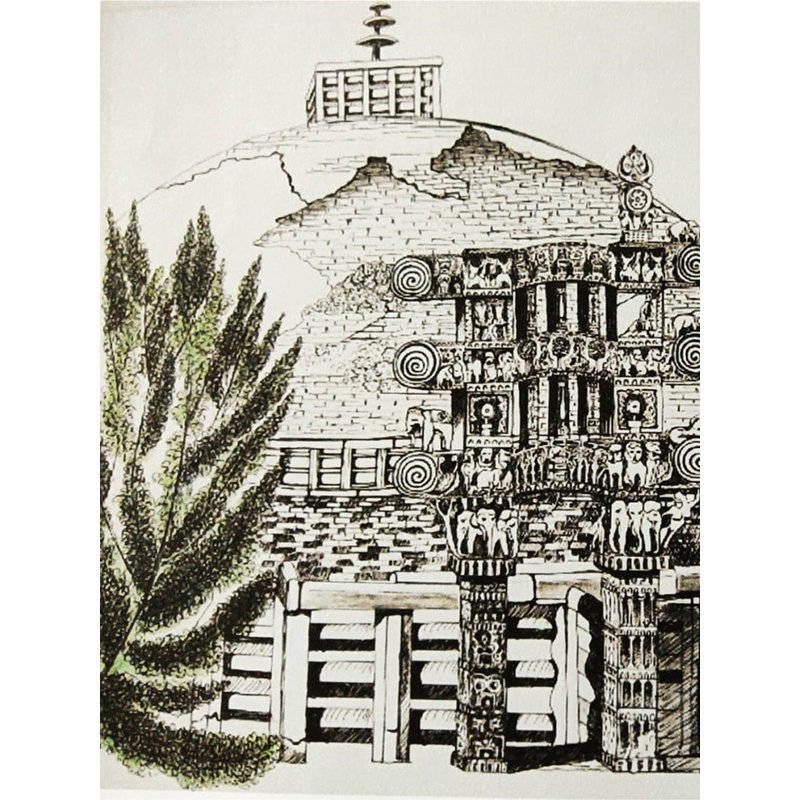 Croquis du stupa Sanchi | Encre sur papier | Par Jolly Agarwal