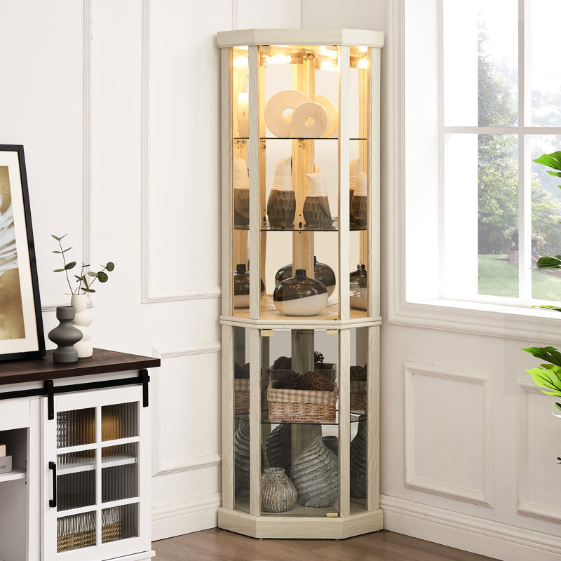 Corner Display Case, Antique White, Glass Doors, Adjustable Shelves, 25 Lbs Per Shelf Capacity Lighted Curio + Glass, 62.43 Lb Weight, Attractive Appearance