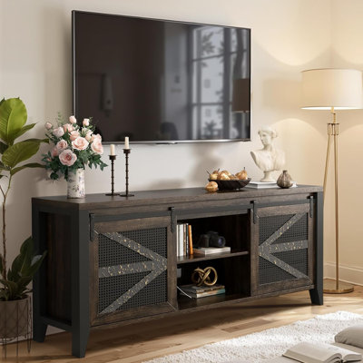 60" Farmhouse TV Stand with Sliding Barn Doors – Industrial Media Console with 6 Hidden Drawers, Rustic Entertainment Center for TVs up to 65"