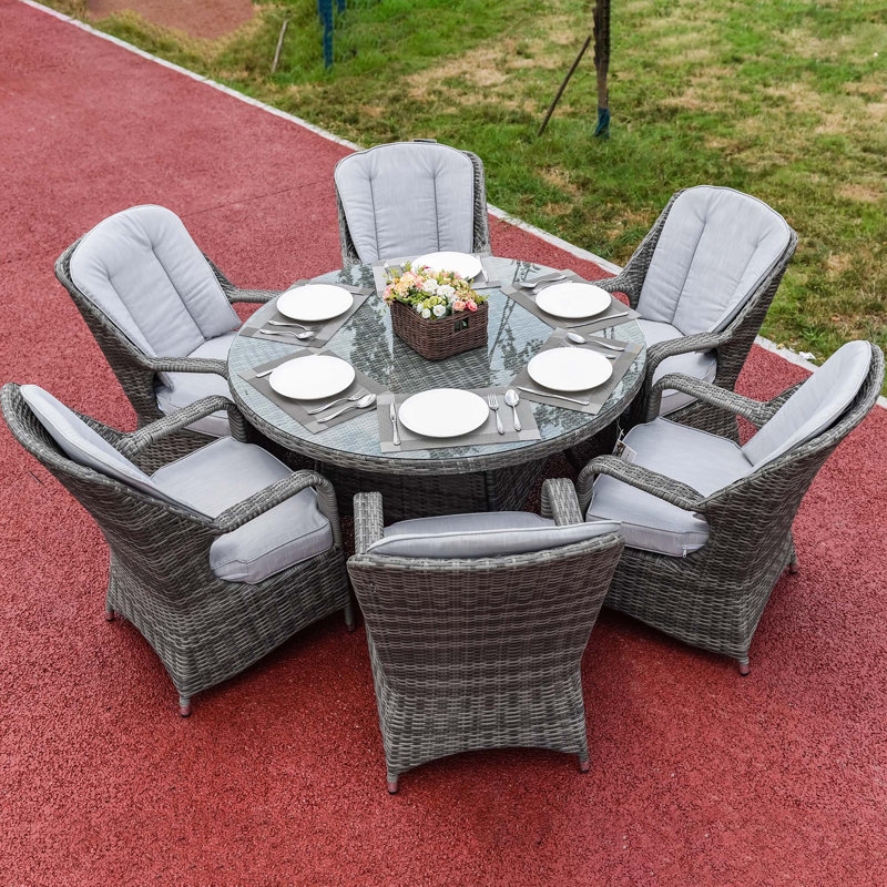 Northpoint 6 - Person Wicker Patio Dining Set with Round Table , Cushions Included, Light Gray, Gray