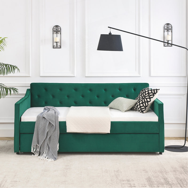 Élégant lit de jour rembourré en velours avec couchette, offrant confort et style pour tout espace., Vert