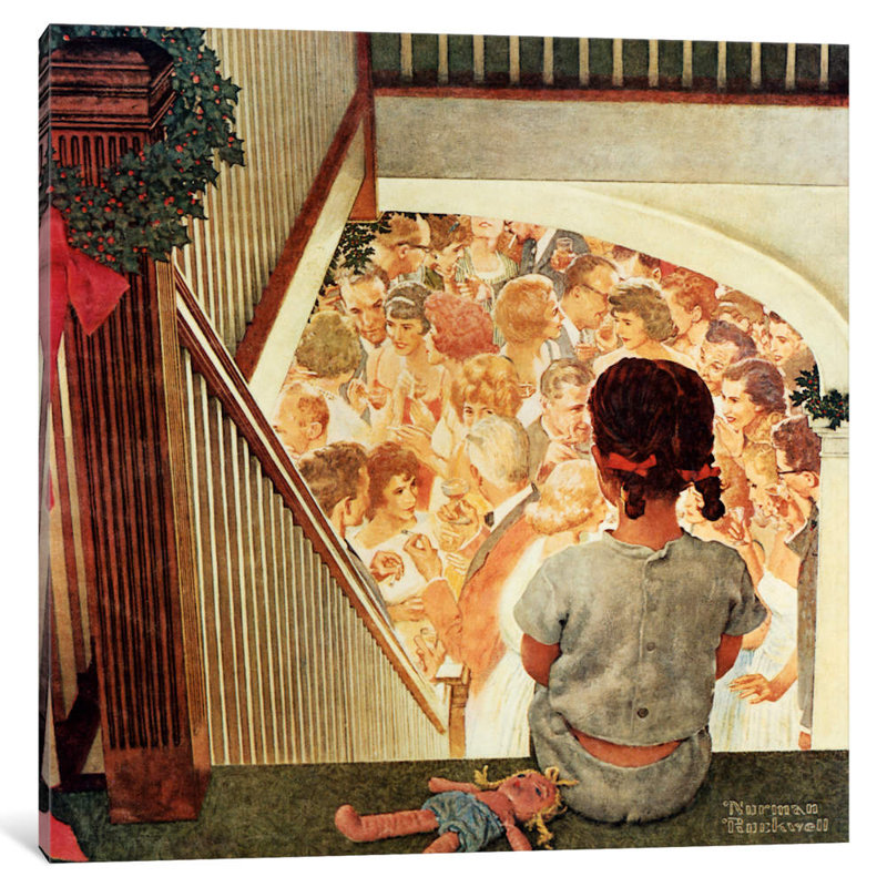 Little Girl Looking Downstairs At Christmas Party by Norman Rockwell - Wrapped Canvas Print