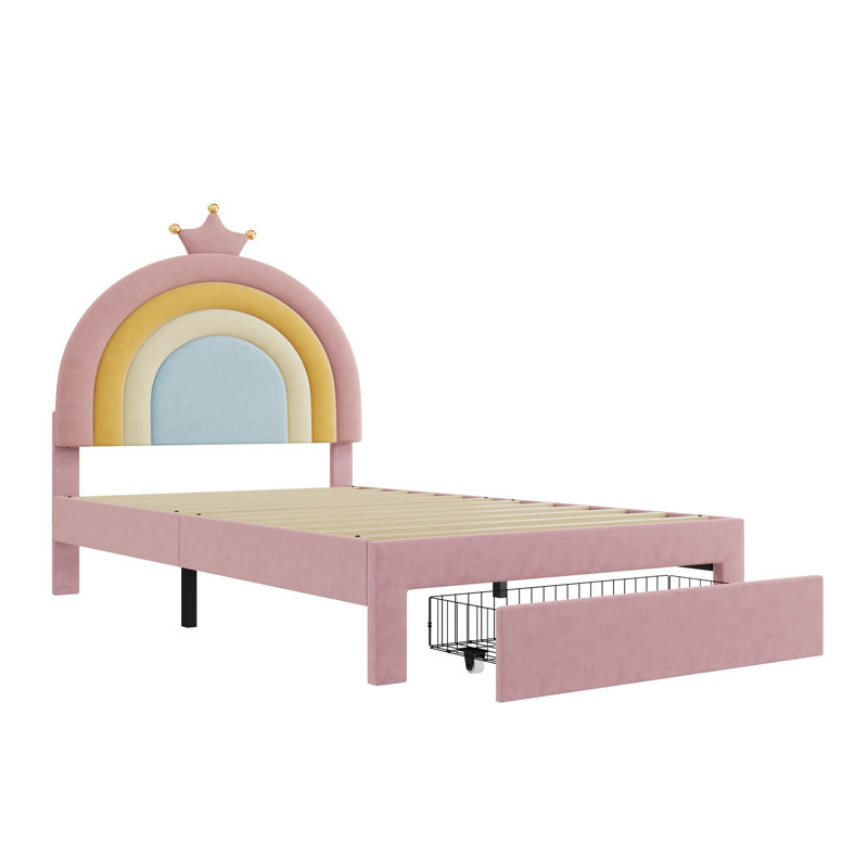 Upholstered Bed With Adjustable Headboard And 1 Drawer Velvet Pink