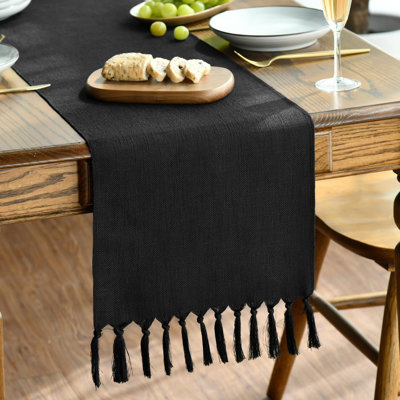 Black Boho Rural Rustic Farmhouse Tassel Halloween Table Runner, 33x143 cm Kitchen Dining Table Decoration Wedding Holiday Party Decor