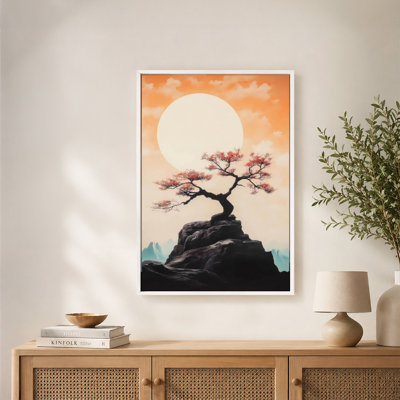 Bonsai Tree Red Blossoms Rock Full Moon Canvas Wall Art with Floating Frame, Ready to Hang