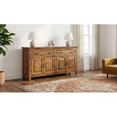 Jamya 69" Solid  Wood Sideboard Buffet - Light Walnut Finish, Storage Cabinet