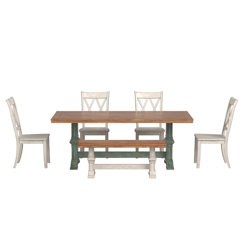 Ensemble de salle à manger Sloan Richfield 7 pièces, plateau en chêne massif 78 po, chaises à dossier en X, table à piètement vert sauge antique, chaises et banc à piètement blanc antique
