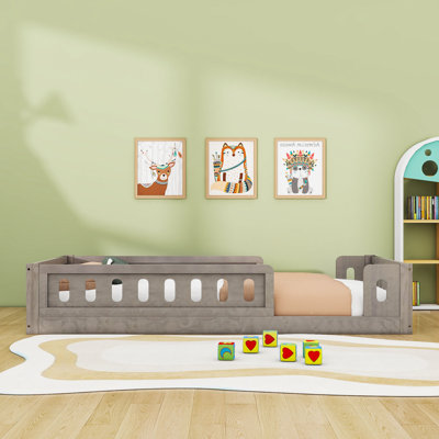 Twin Wood Platform Bed, Semi-Enclosed Guardrail Design