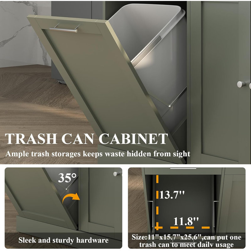 53'' Kitchen Island on Wheels with Trash Can Storage,  Portable Island Table for Kitchen, Natural/Green