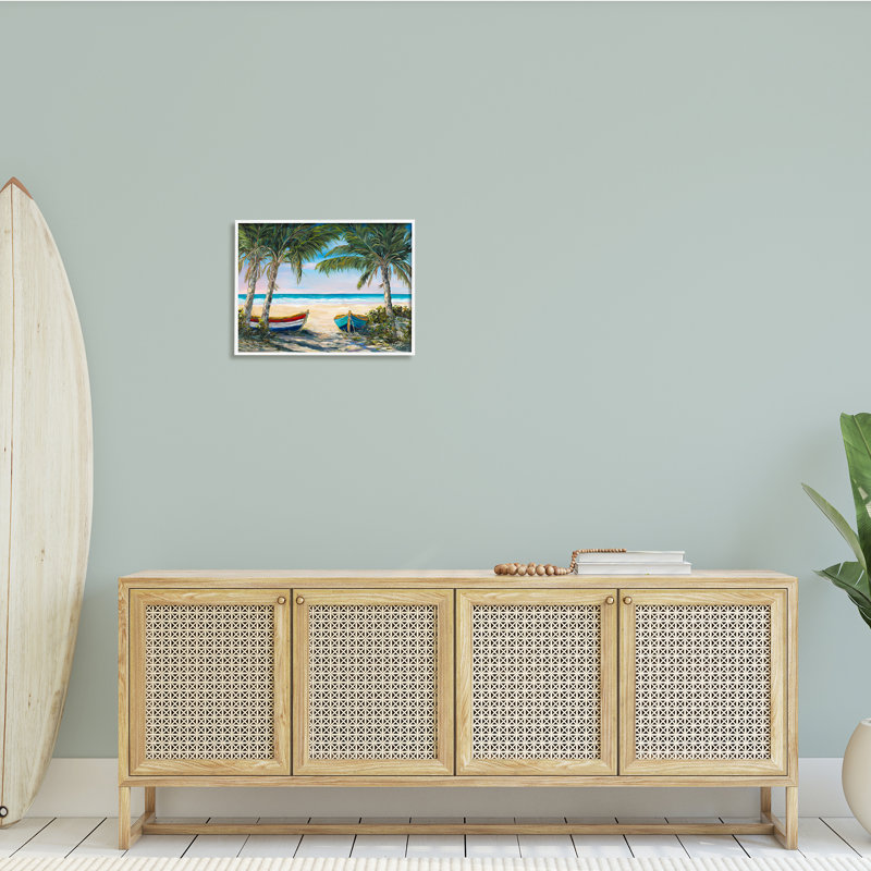 Canots à rames sur la plage, palmiers tropicaux, H 16 po x l 20 po x P 1,5 po, Giclée encadrée blanc bord de mer