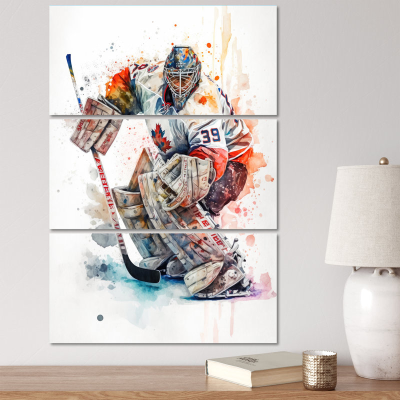 «Hockey Gardien sur glace pendant le jeu I sur toile», reproduction de 3 pièces