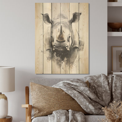 Mighty Stampede Rhinoceros - Rhinoceros Wood Art On Natural Pine Wood