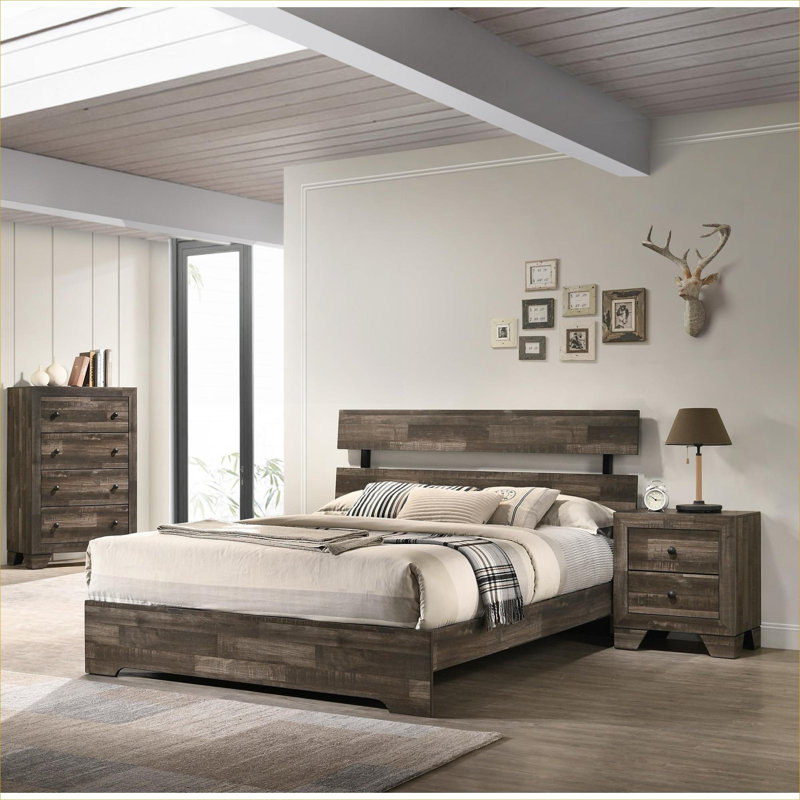 Lit plateforme double profil bas de style chambre à coucher, style rustique contemporain, fabrication en bois massif avec finition brun chaud