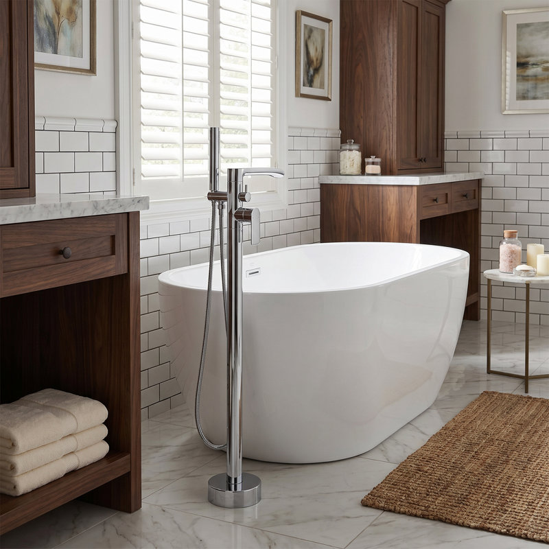 Freestanding Floor-Mounted Tub Filler Single Handle Solid Brass Bathtub Faucet with Waterfall Spout and Hand Shower
