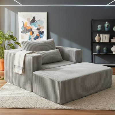 Oversized All-Foam Corduroy Lounge Chair With Ottoman, Modular Deep-Seat Floor Couch, Compressed Shipping & Easy Assembly, 50.98" × 62.6" × 23.62" H Chair-Smoke Grey