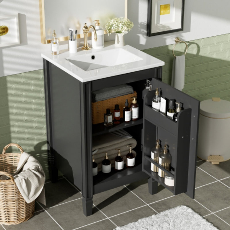 Petit meuble-lavabo 20 "avec lavabo en céramique - Porte à fermeture douce, tablette ajustable en forme de U, Noir