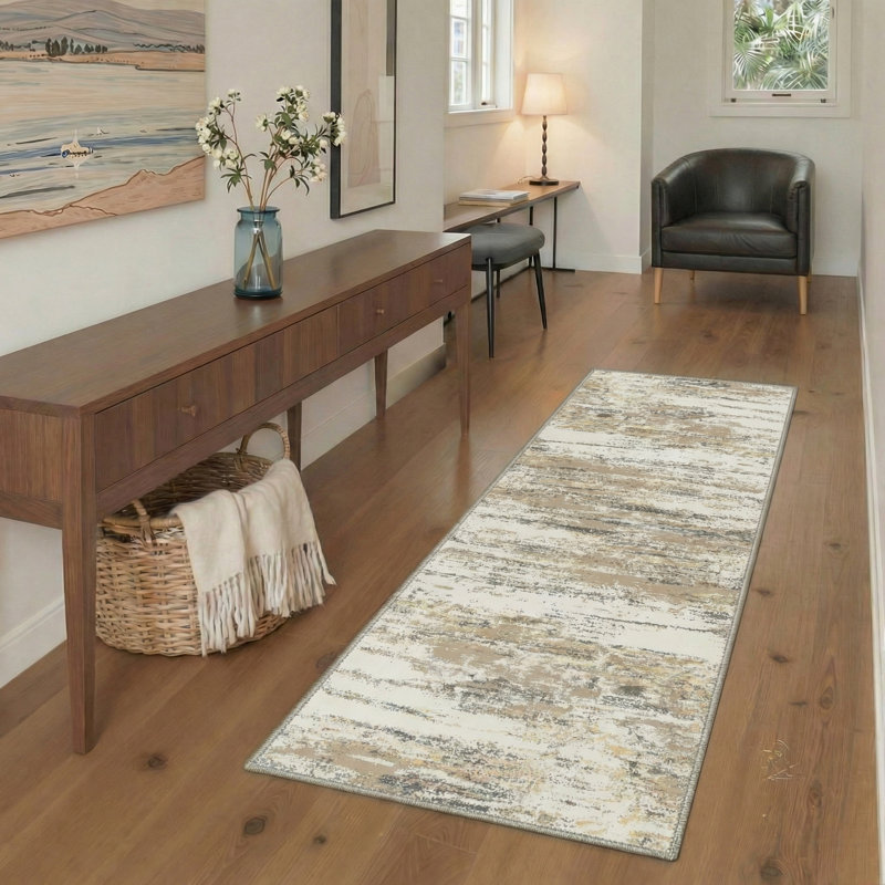 Aura Abstract Strokes Machine Washable Sand Beige Indoor Area Rug With Non-Slip Backing, Runner 2' x 6'