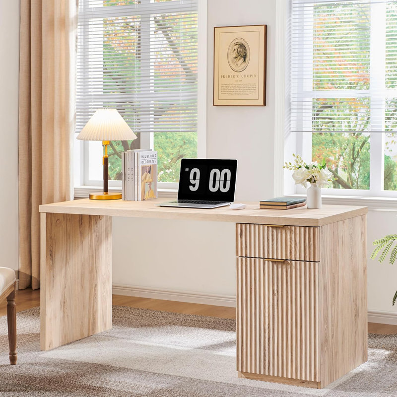 Bureau de direction moderne avec prise de courant, bureau à domicile en bois avec tiroir et armoire de rangement, Tanné