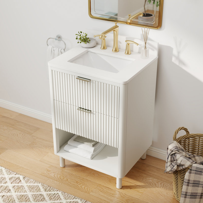 Meuble-lavabo moderne en bois massif cannelé 2-en-1 Alburtis 24 po, mural ou autoportant, avec lavabo encastré