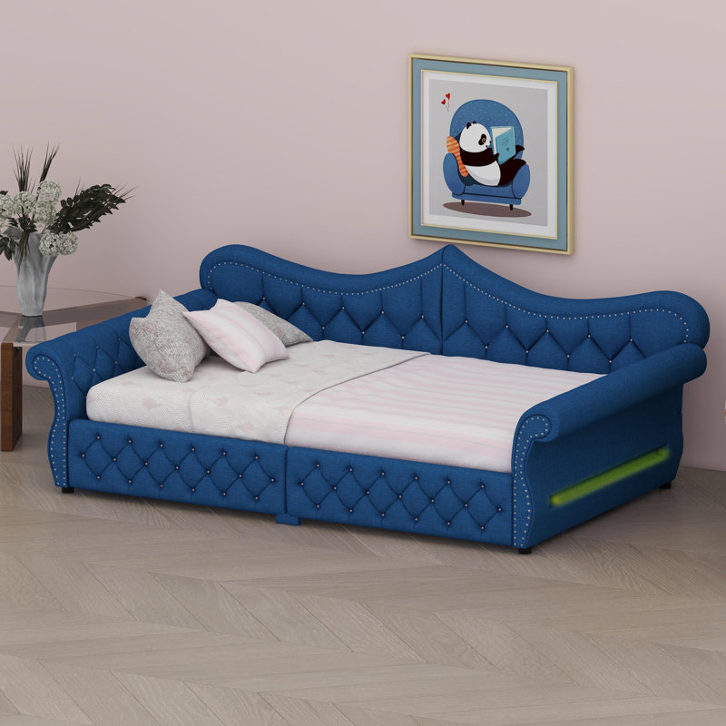 Modern Upholstered Daybed with LED Lighting and Nailhead Trim, Blue