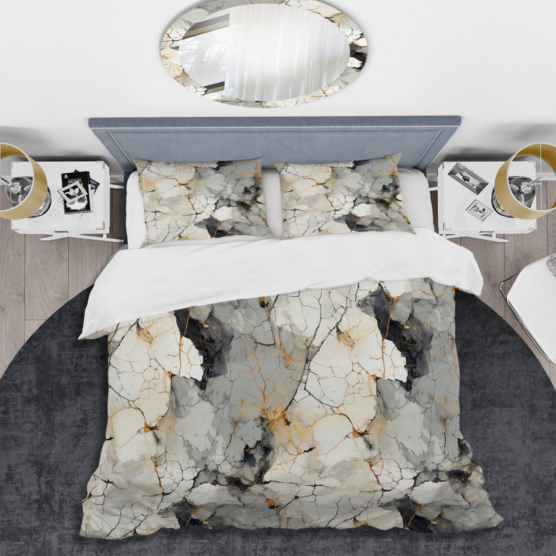 Grey Industrial Chic Marble Escape II Floral Duvet Cover, Queen Duvet Cover + 2 Standard Shams