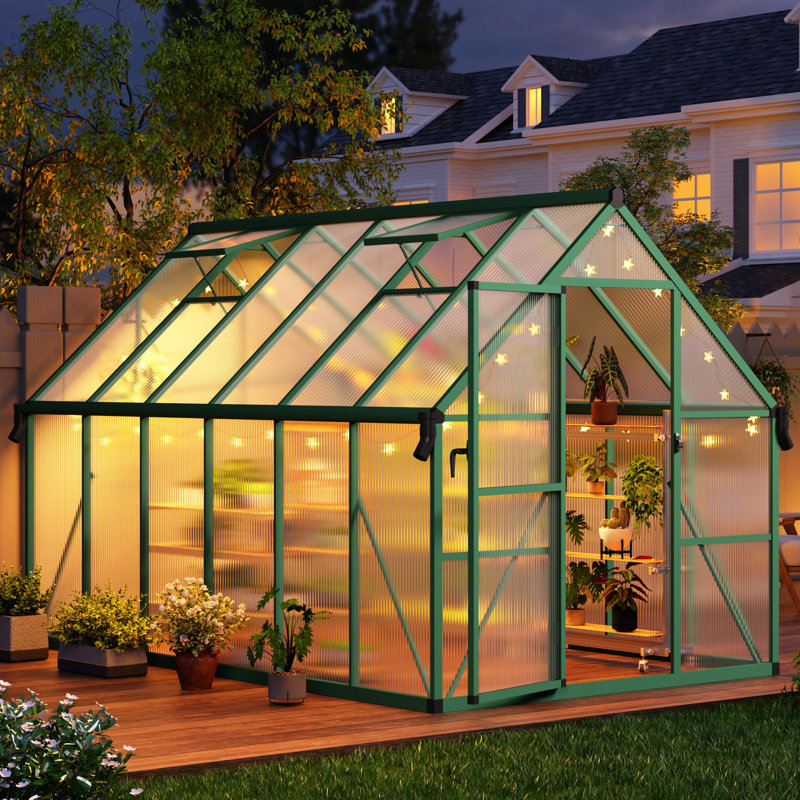Serre de jardin en polycarbonate 8 po x 12 pi avec évent de toit, porte à poussoir verrouillable et clous de sol pour le jardin ou la cour