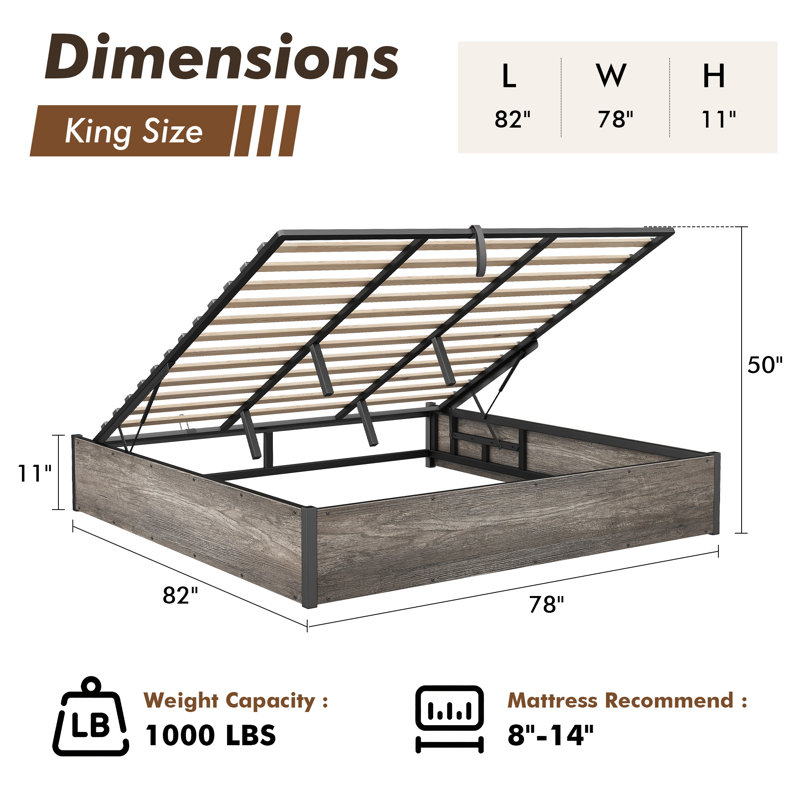 Shila Lift Up Storage Bed, Gray, King