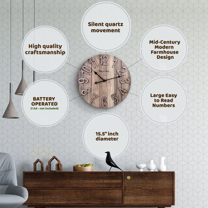 Westclox 15.5" Brown Farmhouse Wood Grain Wall Clock with Raised Numbers