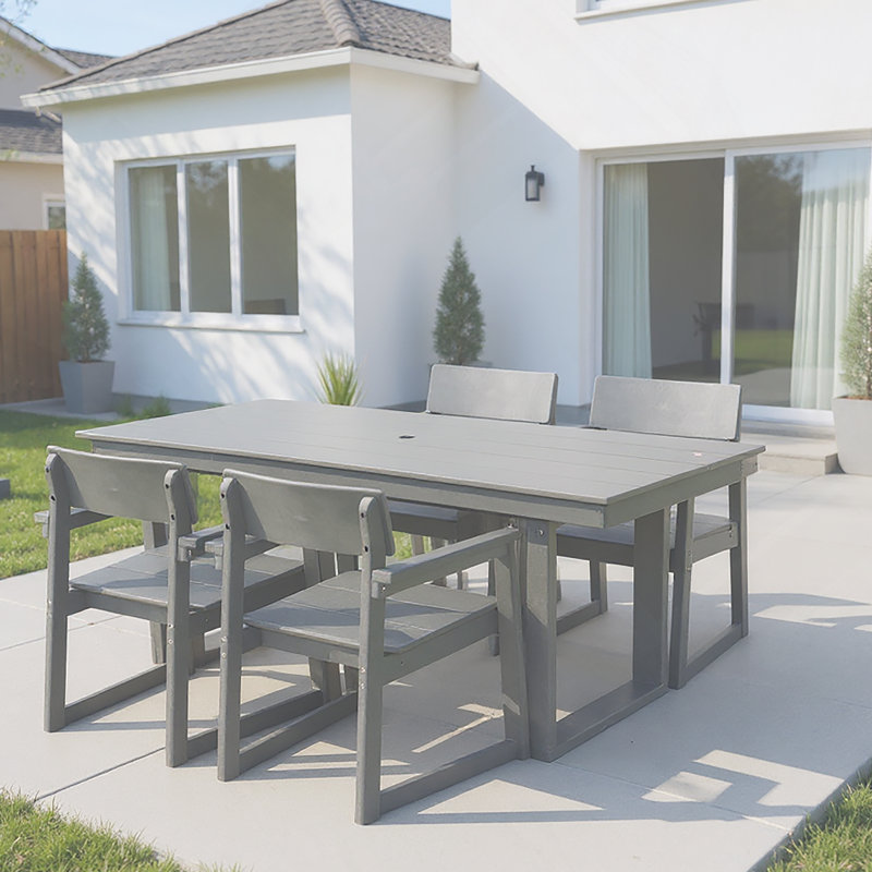 Ensemble de salle à manger d'extérieur 5 pièces en PEHD pour 4 personnes - Table de patio résistante aux intempéries avec trou pour parasol et 4 chaises avec accoudoirs, mobilier de jardin durable pour la cour, gris (gris)