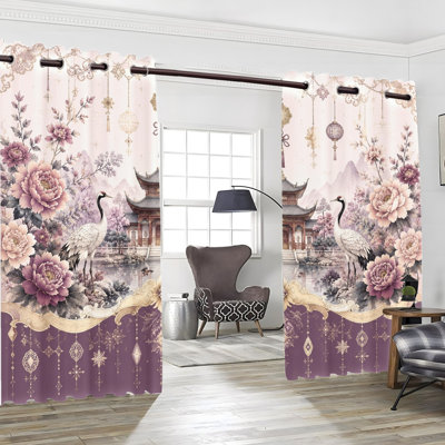 2Pcs Grommet Oriental Crane Peony Blackout Curtains, Traditional Landscape Crane Peony Print Drapes, Thermal Insulated Heat Blocking, Noise Reducing & Privacy Protection, Elegant Room Darkening Window Drapes for Bedroom, Living Room Home Decor