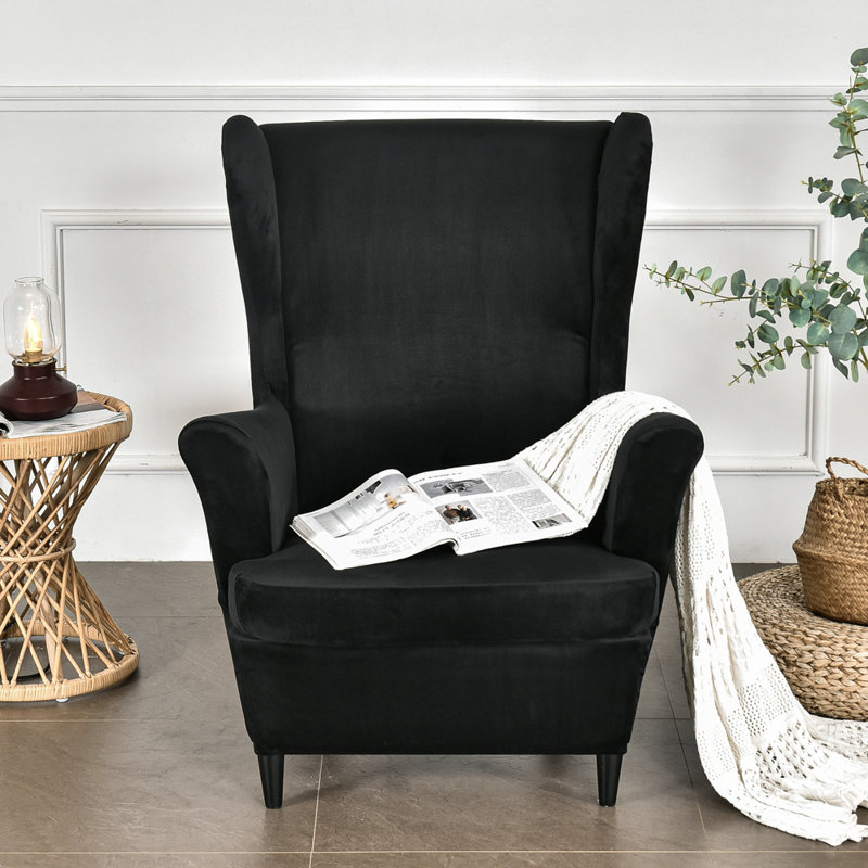 Housse pour fauteuil à oreilles extensible 2 pièces en velours doux, Noir