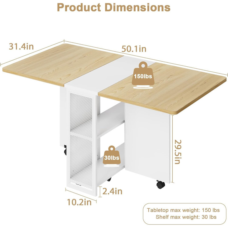 Table de salle à manger pliante, rabattable avec 6 roulettes et 2 tablettes de rangement, table de salle à manger compacte pour petits espaces (bois naturel, P 50,1 po x l 31,4 po x H 29,5 po)