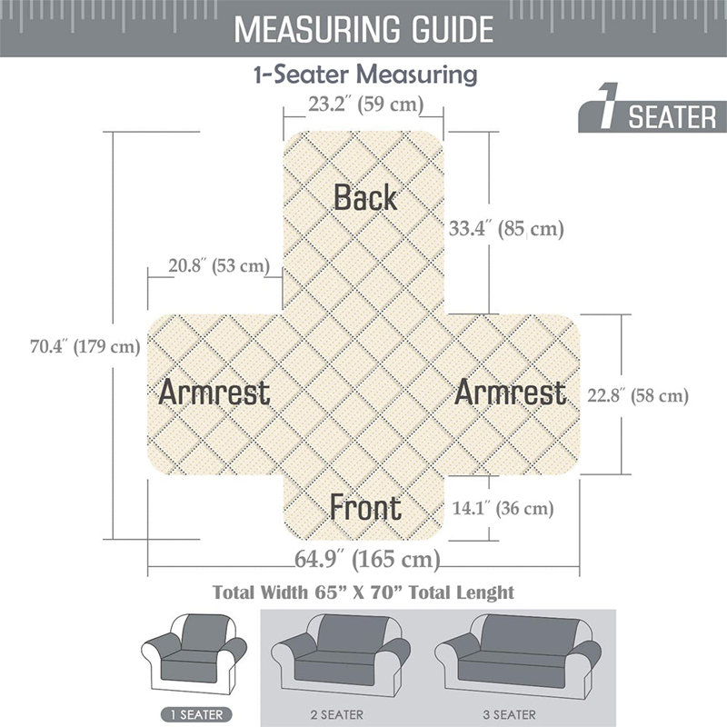 Reversible Waterproof Sofa Cover – Quilted Anti-Slip Couch Protector with Adjustable Strap, 179cm H x 165cm W - (1 Seater)