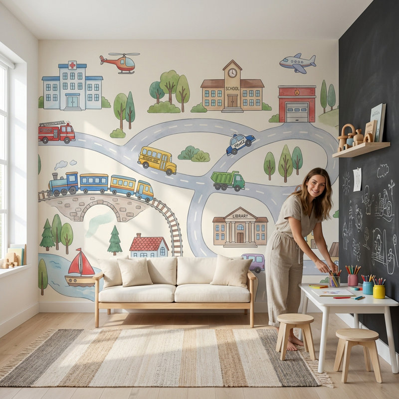 Murale Town, véhicules, bâtiments, Non-Woven Nonpasted, 140 po x 108 po