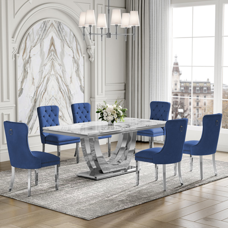 7-Piece Dining Table Set, Marble Veneer MDF Table with 6 Velvet Dining Chairs – Modern Dining Furniture for 6, Blue/Silver