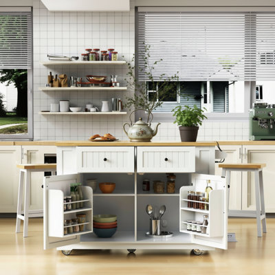 This White Folding Kitchen Island Features Five Wheels For Easy Movement And Multiple Side Shelves For Ample Storage, Making Kitchen Use More Convenient And Efficient.