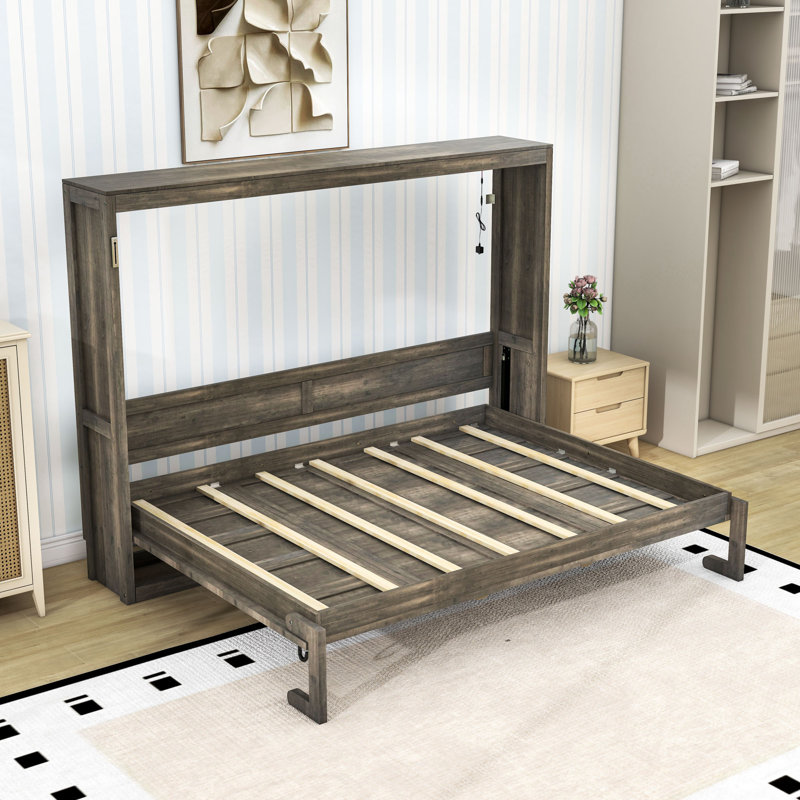 Lit escamotable en bois avec lumière DEL, Lit double, Brun