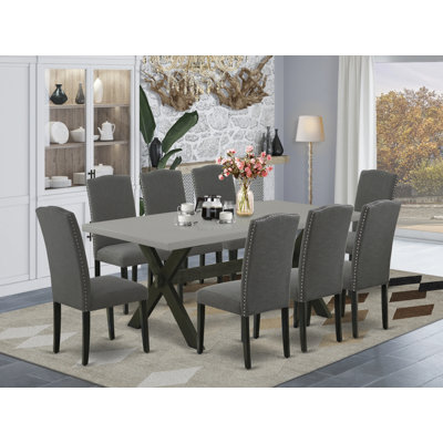 9 Piece Dining Room Set Includes a Rectangle Kitchen Table with X-Legs and 8 Dark Gotham Linen Fabric Parsons Dining Chairs, Wire brushed Black