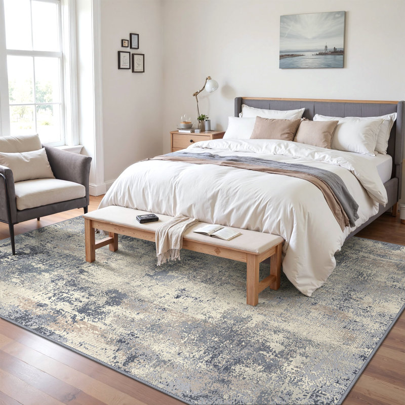 Abstract Machine Printed Area Rug, Blue/Beige, Rectangle 120 x 170 cm