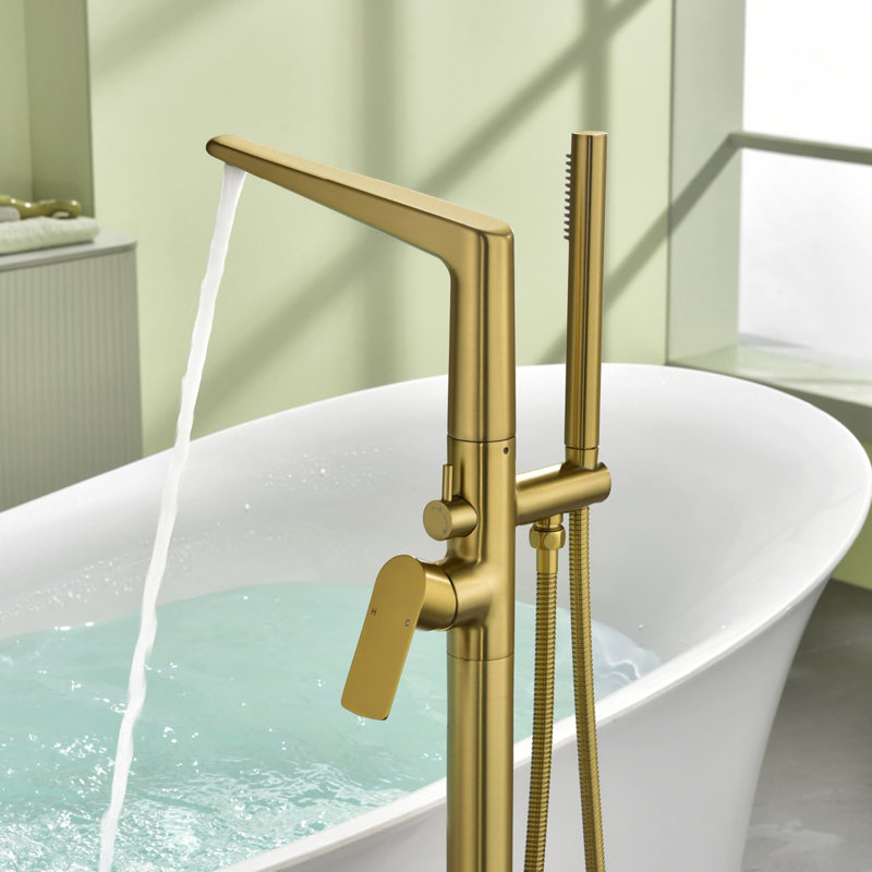 Robinet de baignoire autoportant à un trou avec douche à main Robinet de baignoire à fixation au sol à poignée simple Robinet de baignoire moderne en laiton avec valve