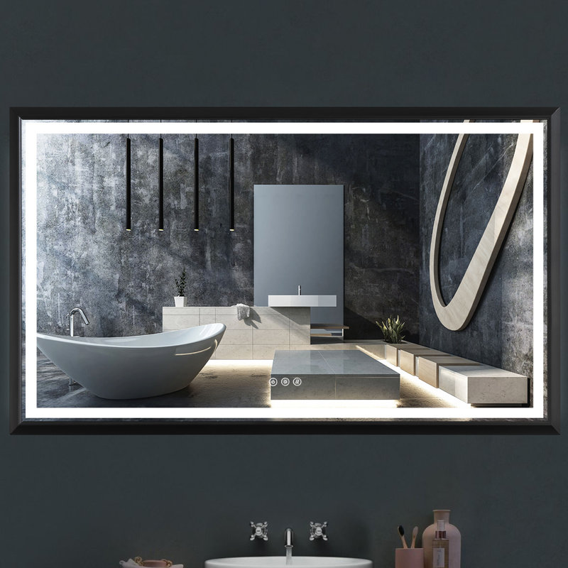 Novel Rectangular Modern LED Light Anti-Fog Bathroom Glass Hanging Mirror, Matte Black, 36" x 72"
