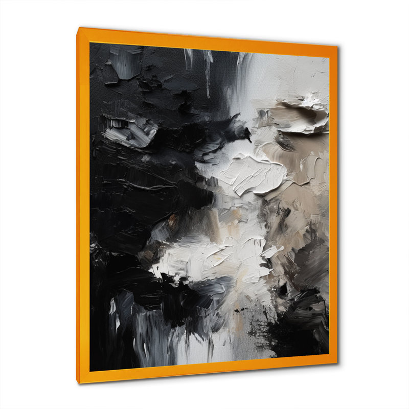 «Black Textured Splash Paint Art II», art mural abstrait, H 40 po x l 30 po, Cadre flottant, Doré