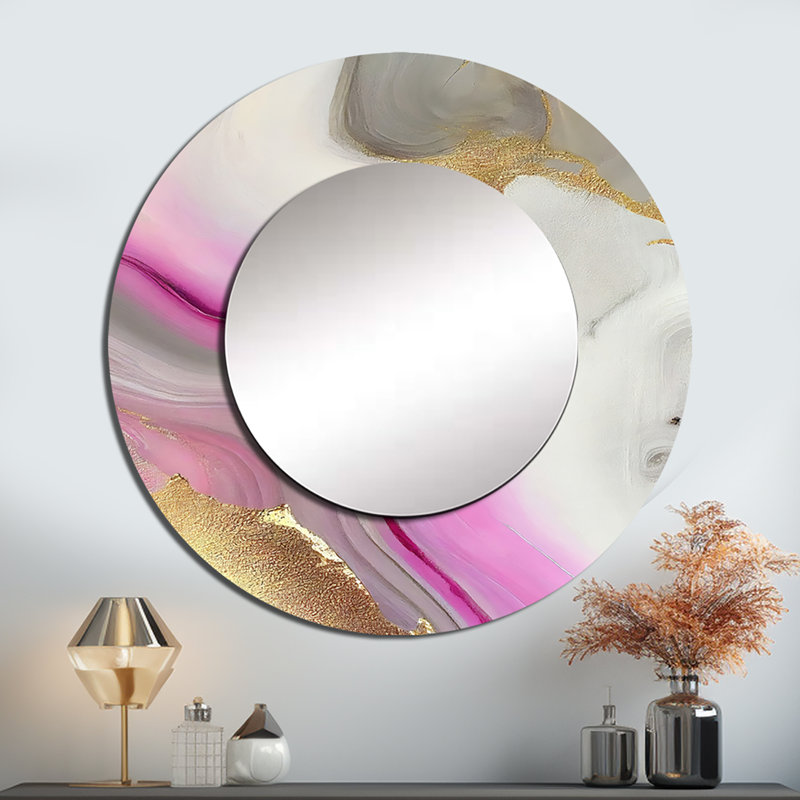 Phronie rose et or marbre abstrait II - miroir mural unique en marbre, miroir rond rose, impression d'art en métal