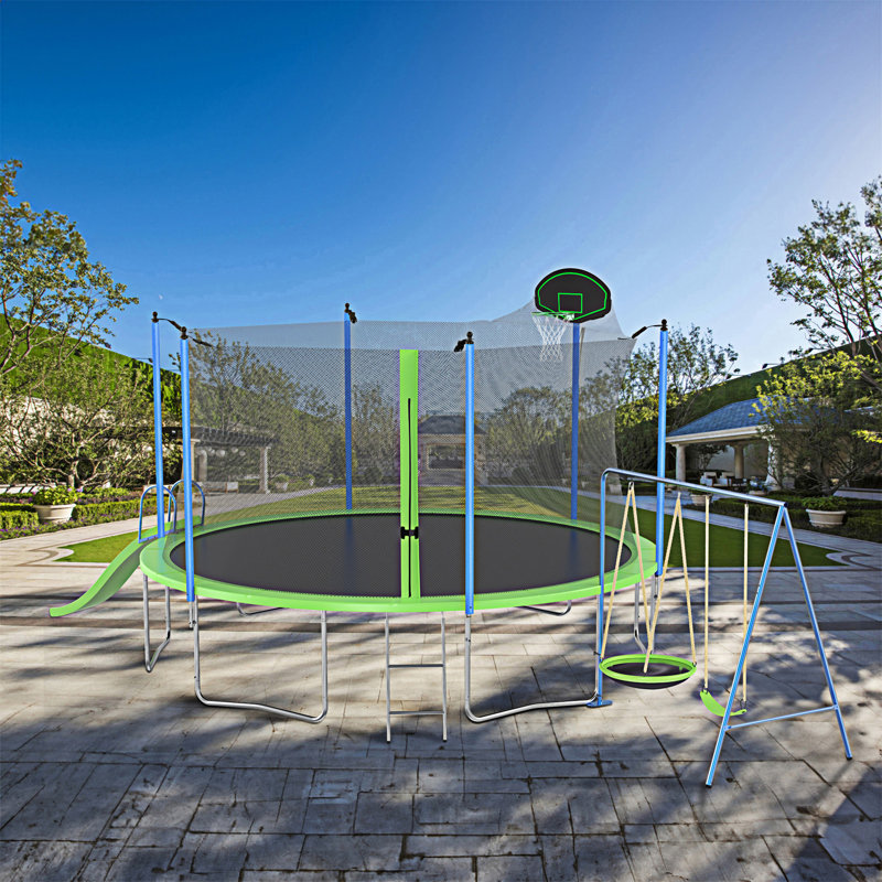 14FT Green Trampoline with Slide, Swings, and Basketball Hoop