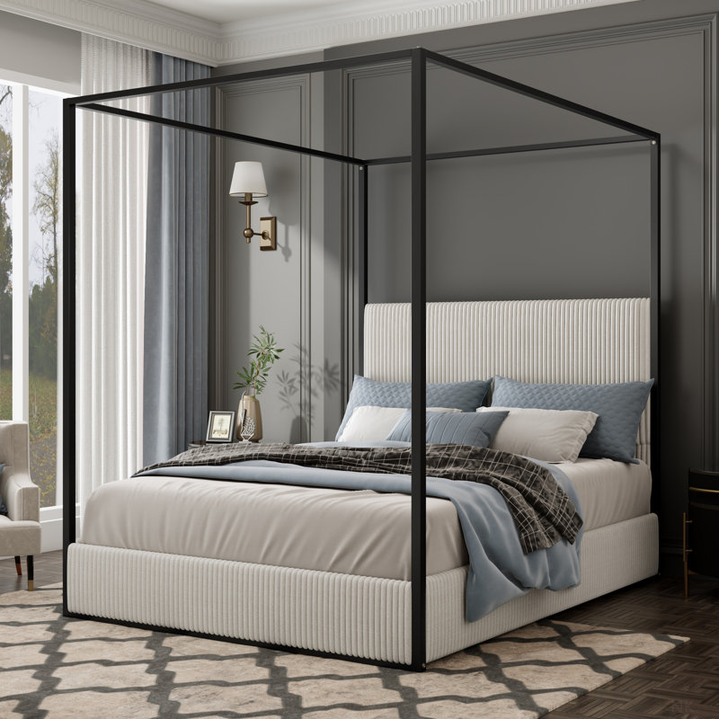 Corduroy Upholstered Canopy Bed With Tall Headboard, Queen, White/Black 