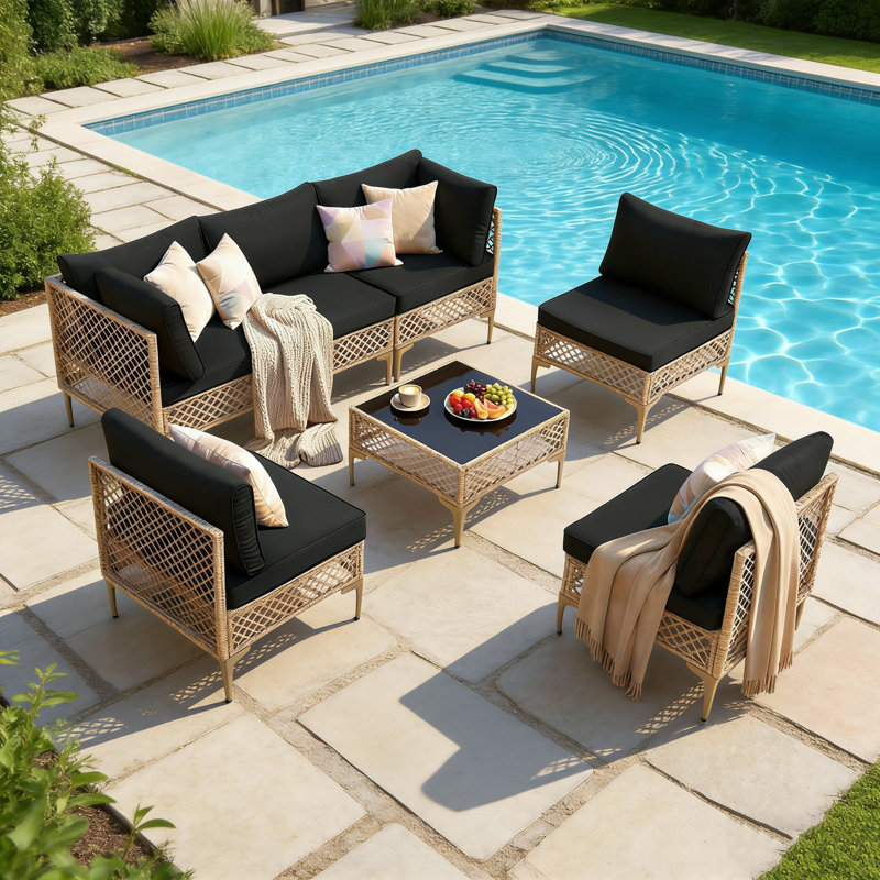 7 Piece Rattan Sectional Seating Group With Cushions, Black